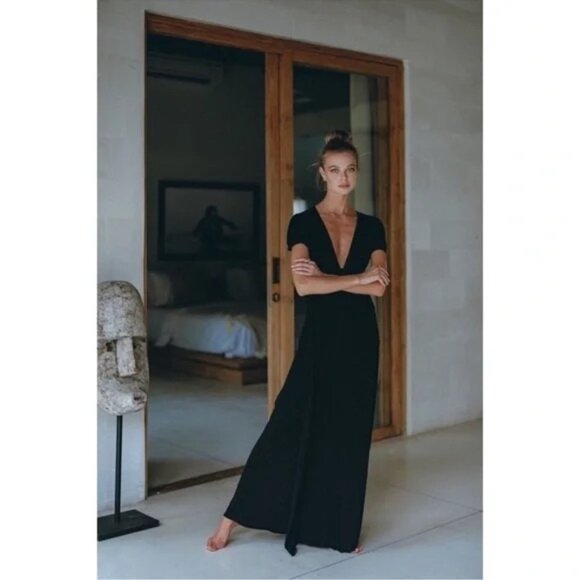 Pampelone V-Neck Short Sleeve High Slit Faux Wrap Long Maxi Dress Black - Picture 3 of 10